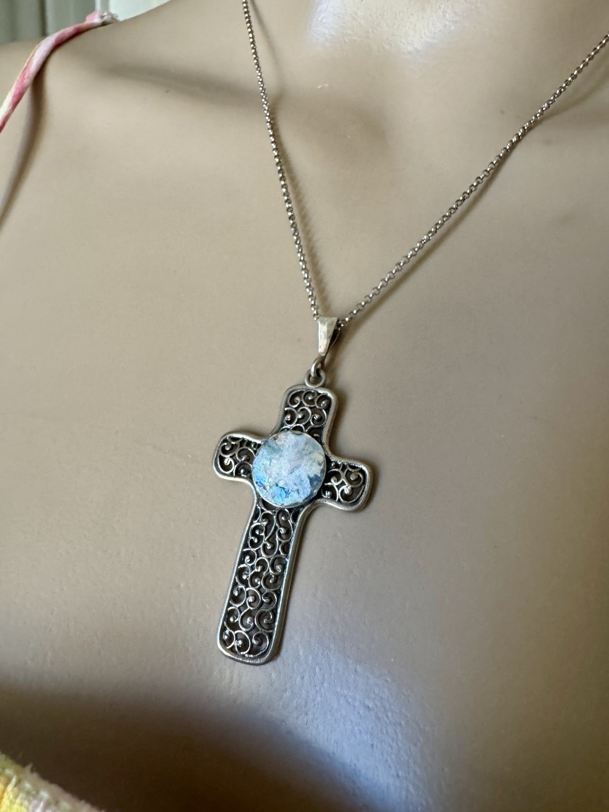 Sterling Silver 925 PZ Isreal Cross Pendant Chain Necklace 18” 925 Multi Color