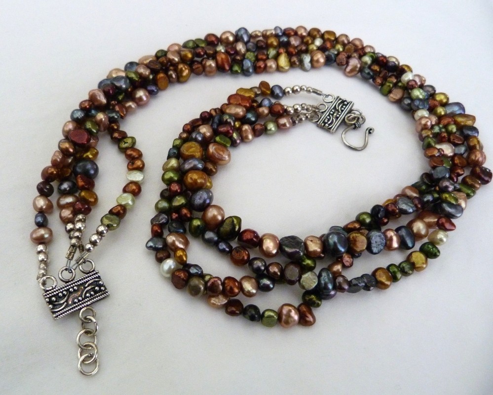 4-STRAND MULTI-COLOR FRESHWATER PEARLS STERLING SILVER BEAD NECKLACE 23.75″ LONG