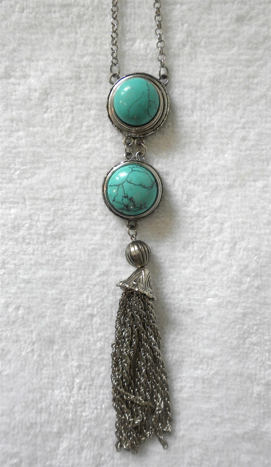 BIG SOUTHWESTERN STYLE TURQUOISE SILVERPLATE 30″ LARIAT PENDANT NECKLACE TASSEL