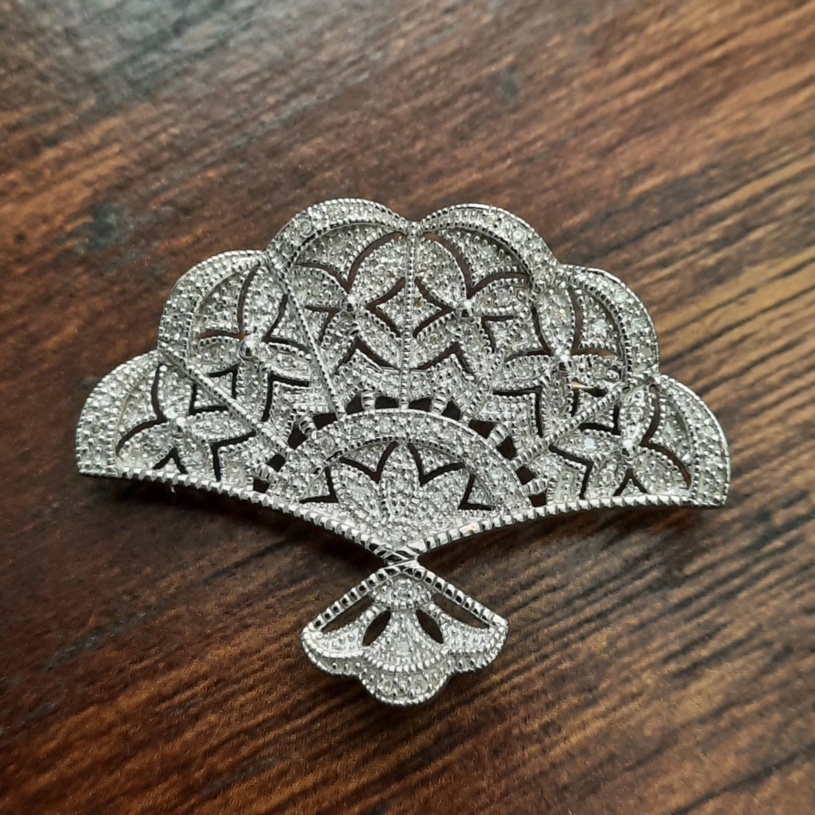 Sterling Silver Diamond Chip Fan Brooch Pin Necklace