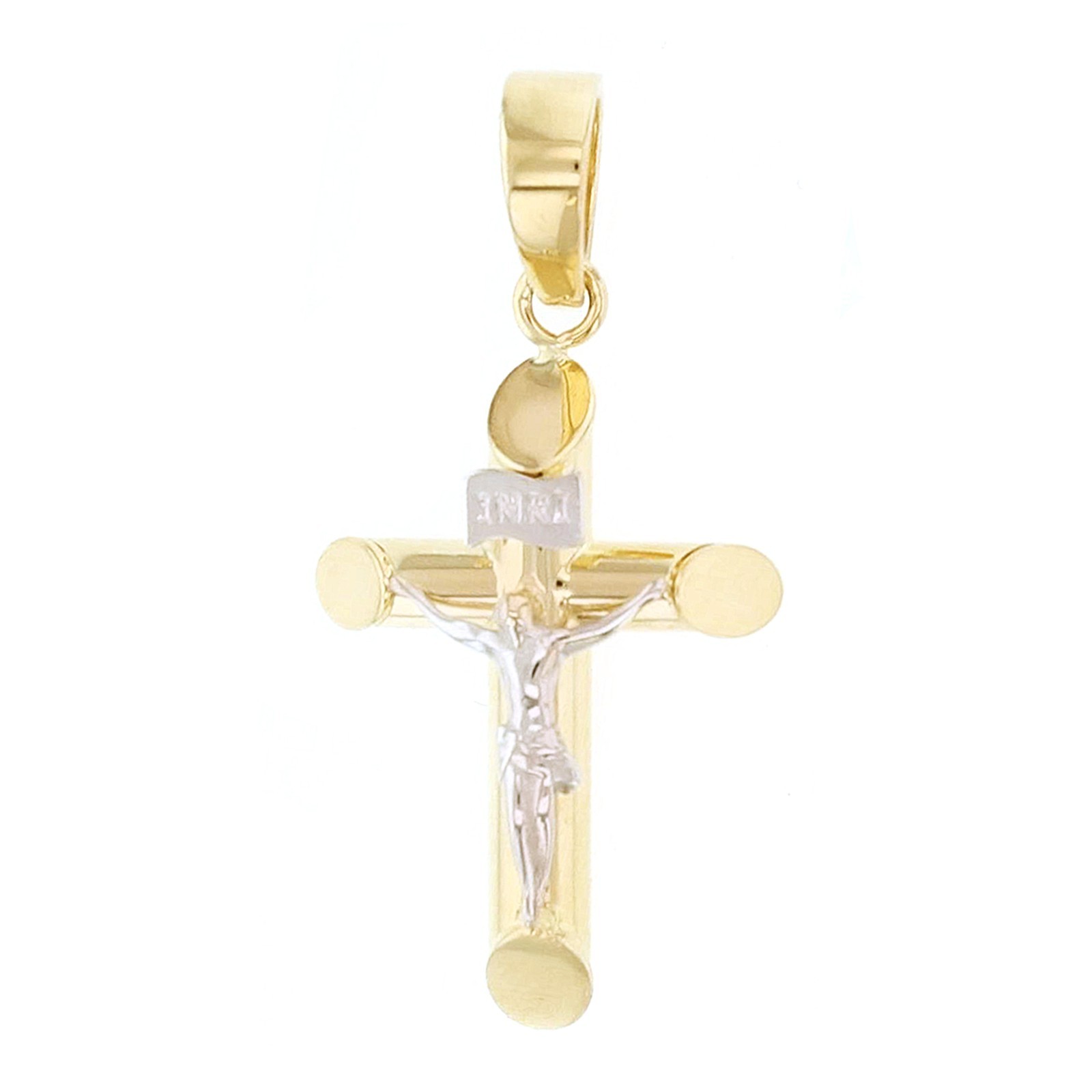 Italian 14k Two-Tone Gold 3D INRI Crucifix Cross Charm Pendant 1.1″ 1 gram