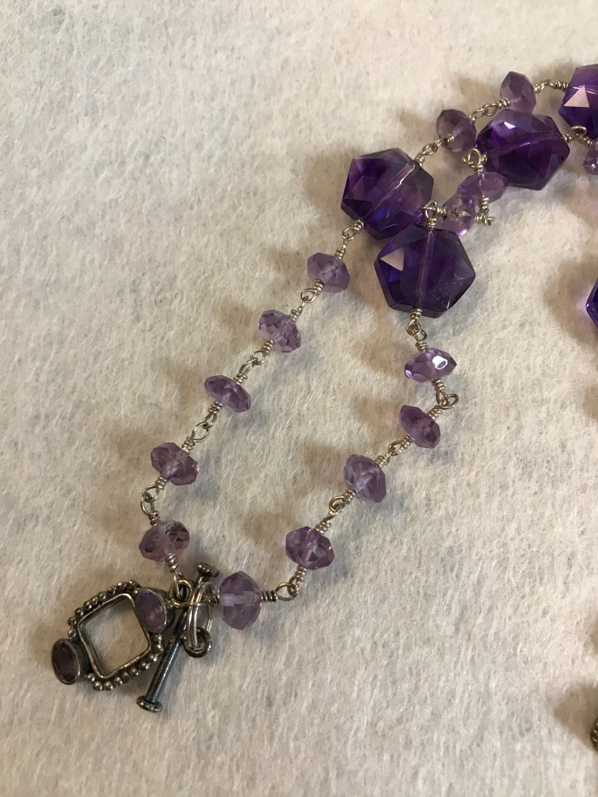 Vintage Faceted Amethyst Flower 16″ Sterling Silver Toggle Necklace Unknown Mark