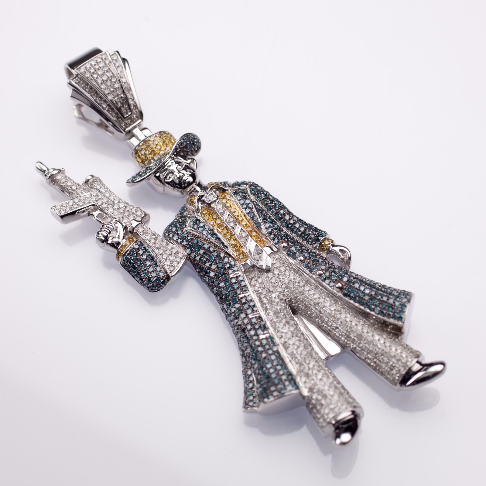 10k White Gold Color-Enhanced Diamond Encrusted Gangster Pendant Bling