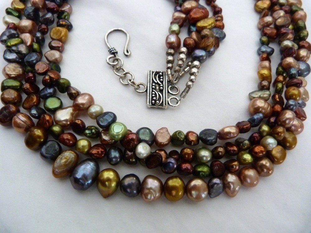 4-STRAND MULTI-COLOR FRESHWATER PEARLS STERLING SILVER BEAD NECKLACE 23.75″ LONG