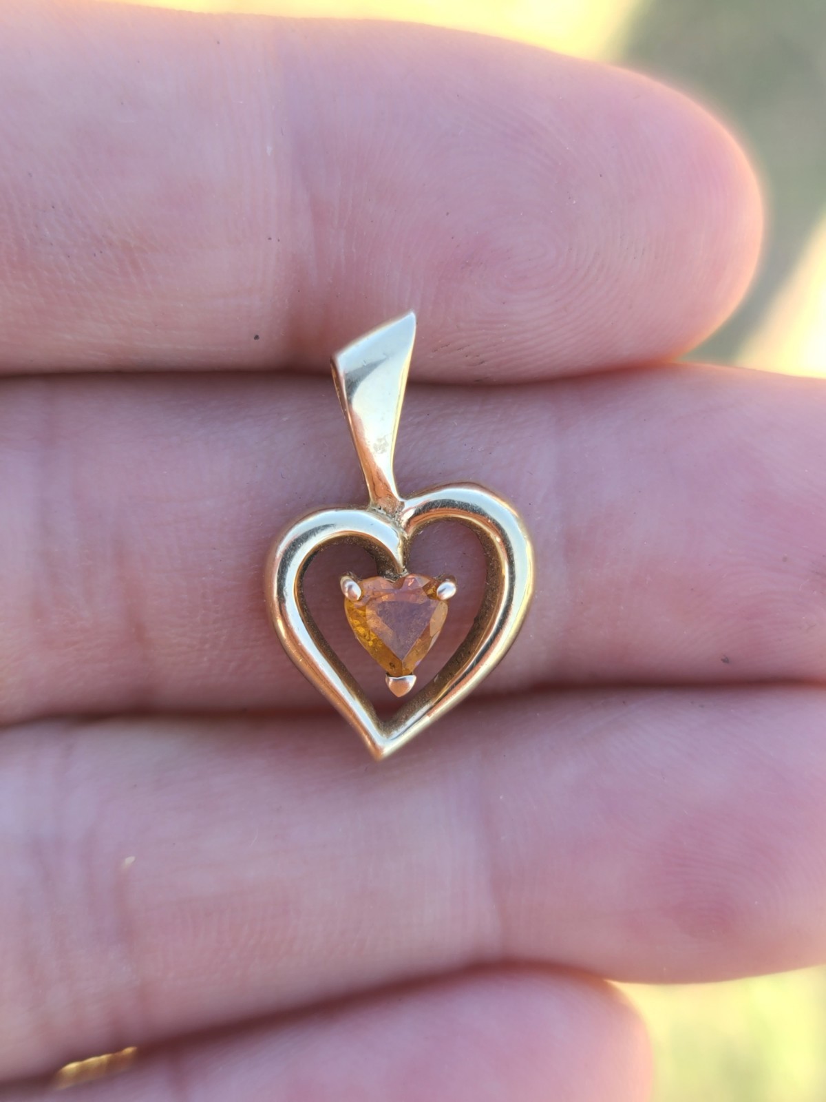 14k Solid Yellow Gold Orange Citrine Heart Charm Necklace Pendant 2grams