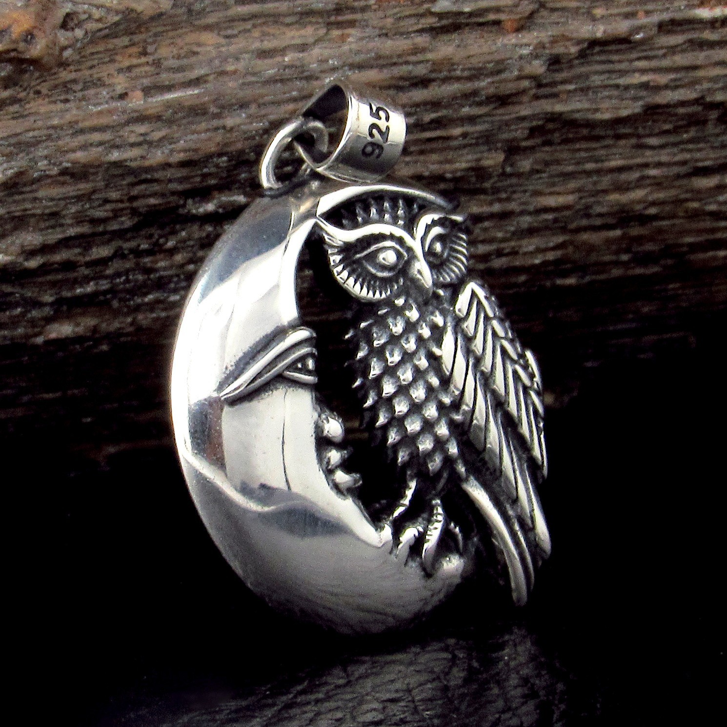 Solid 925 Sterling Silver Owl on Crescent Moon Pendant, Wiccan / Pagan Jewelry