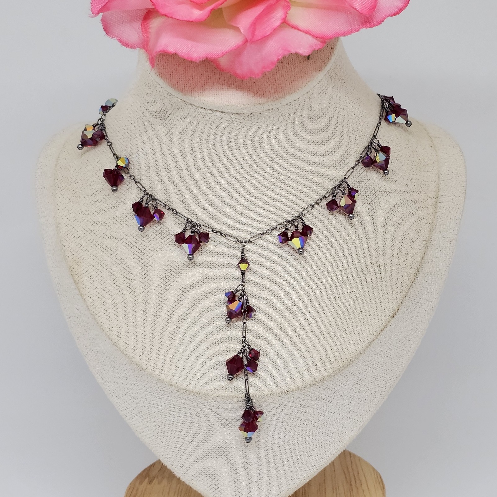 925 Oxidized Sterling Silver – Red Crystal Bead Charms Lariat Chain Necklace