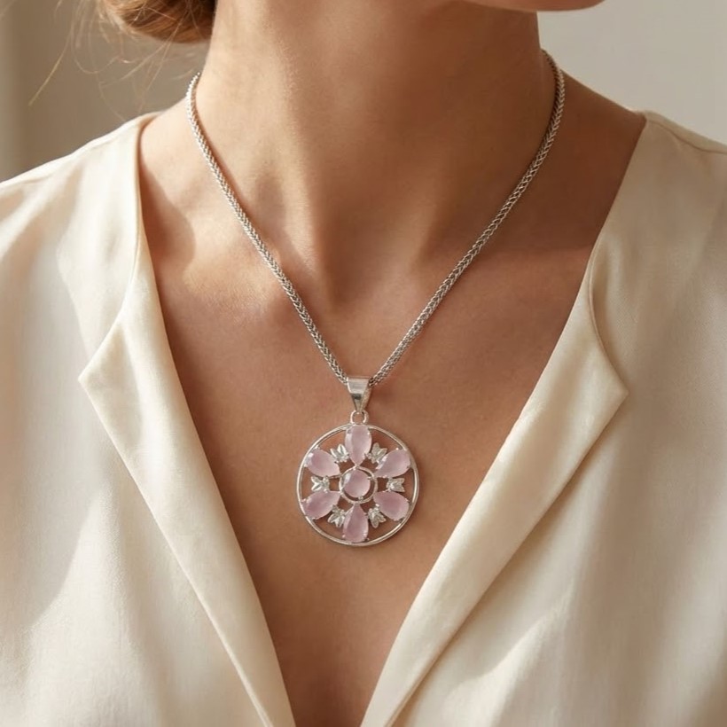 50-55Ct Rose Quartz Pendant Sterling Silver | Pink Crystal Floral Necklace