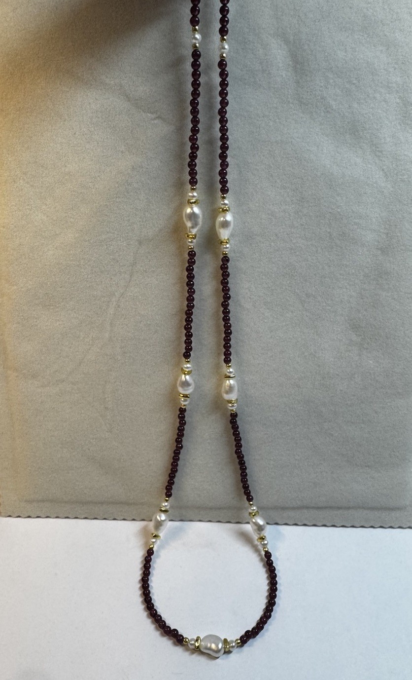 white pearl and garnet beaded 3-6mm necklace 925 sterling silver 21” bracelet