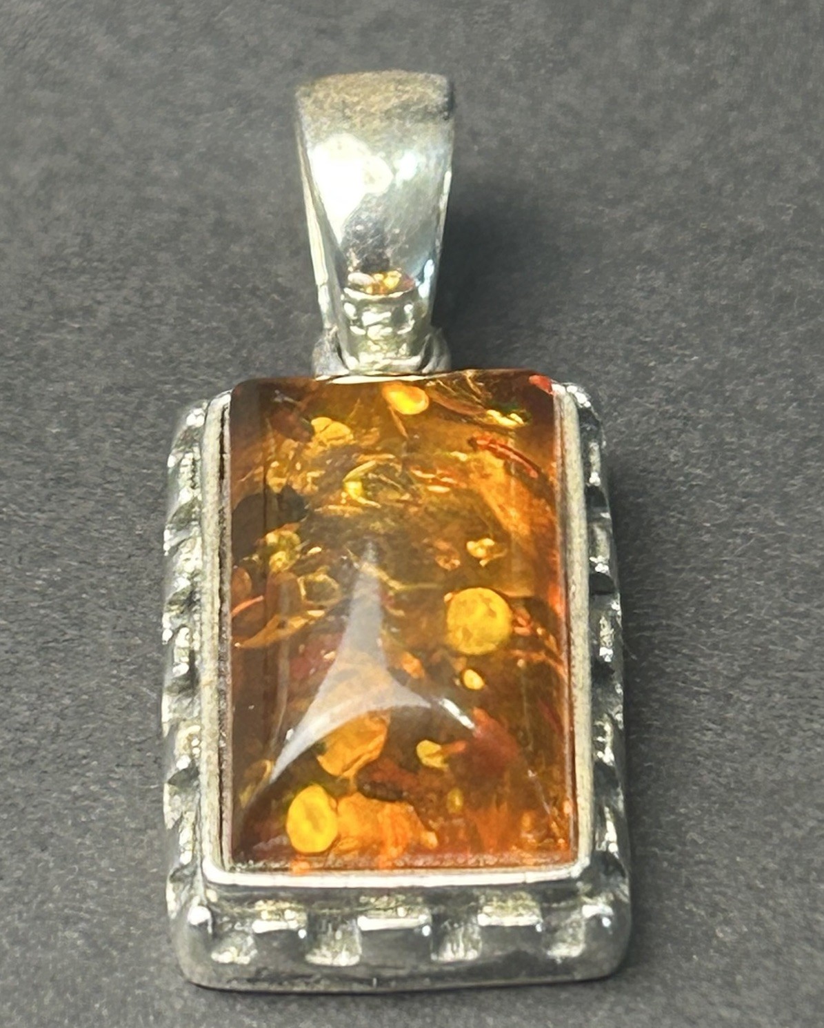 Vintage Baltic Amber Rectangle Pendant 925 Sterling Silver Natural Honey Cognac