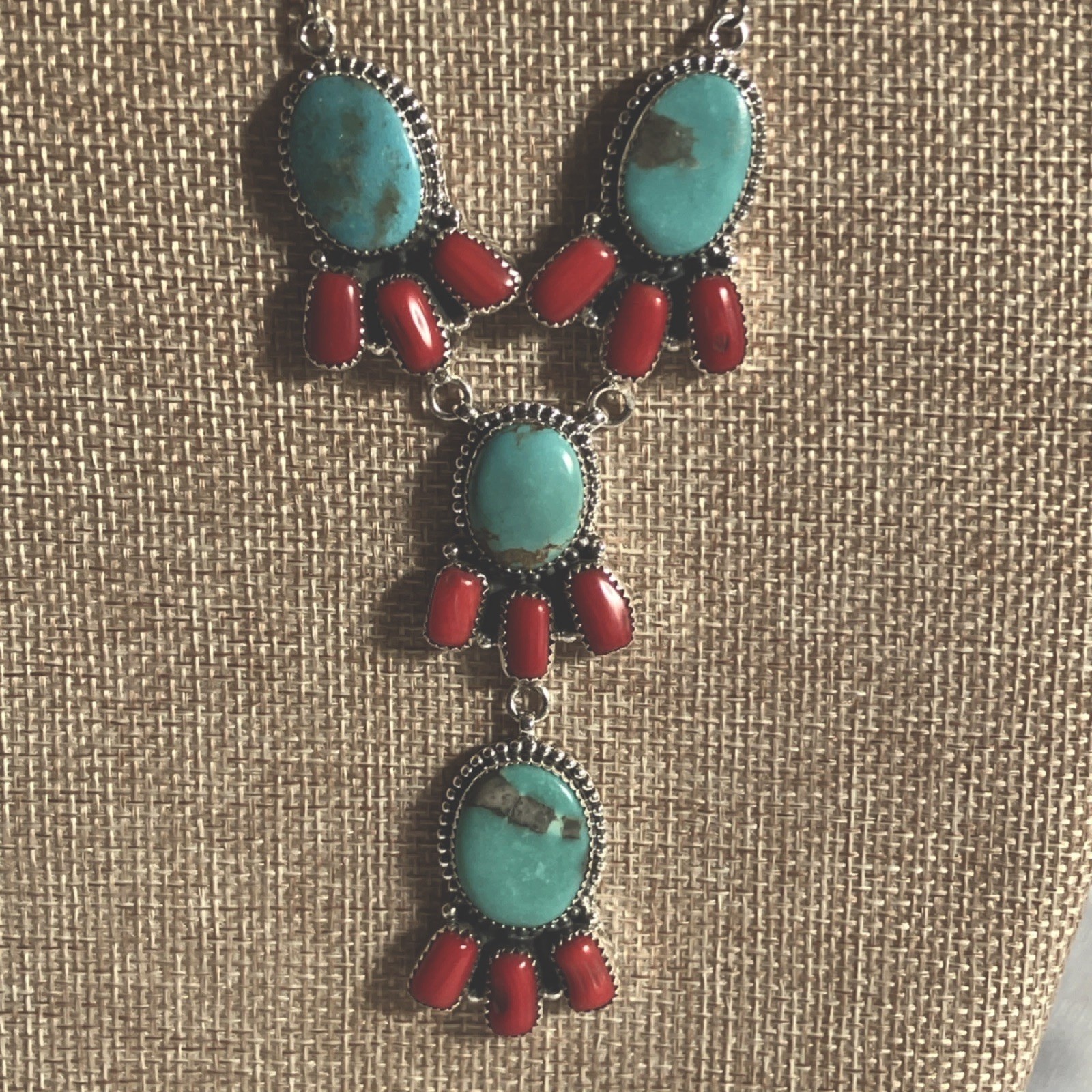 Natural Turquoise & Mediterranean Coral Bezel Set Lariat 18” Necklace 39gm Red