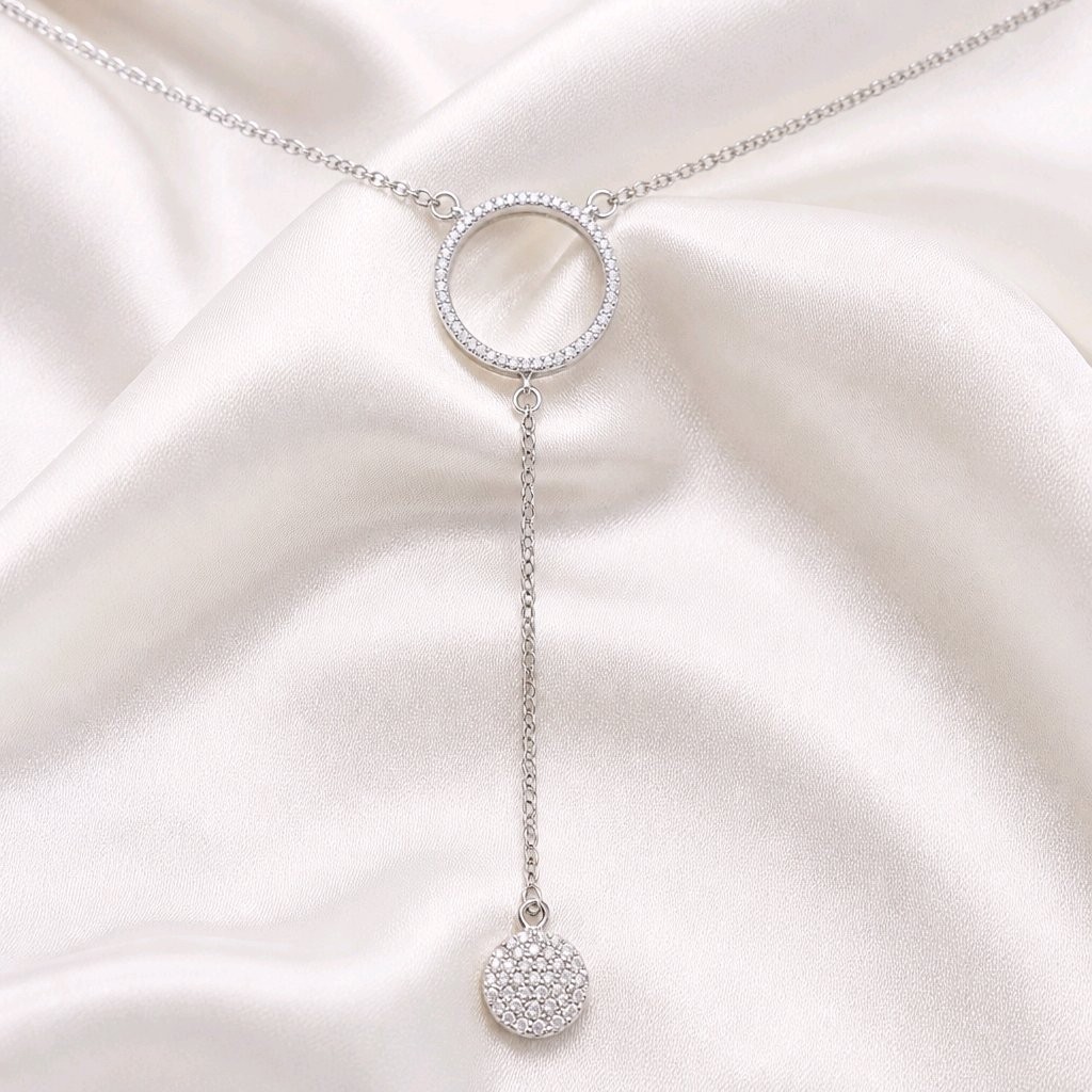 Sterling Silver CZ Circle Drop Necklace 40cm 3cm Extension Sparkling Pendant