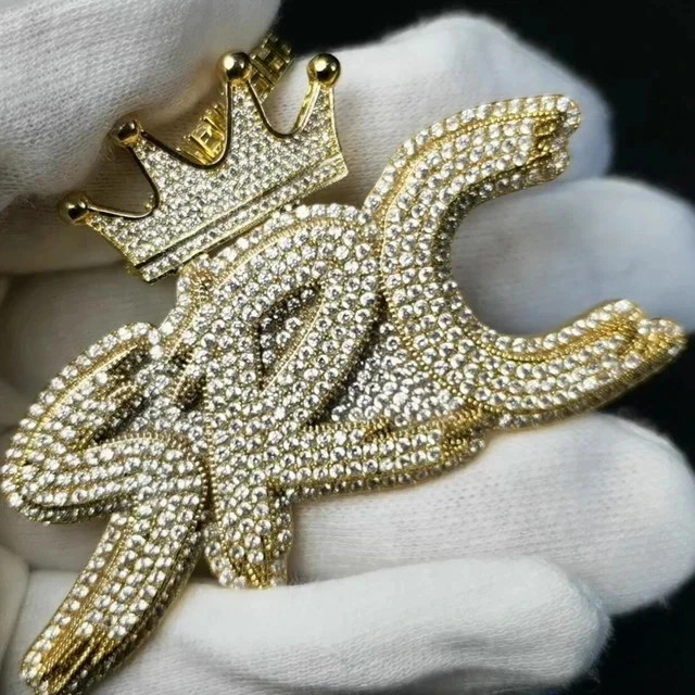 3 Ct Real Moissanite Crown Bail & Custom Any Name Pendant 14K Yellow Gold Plated