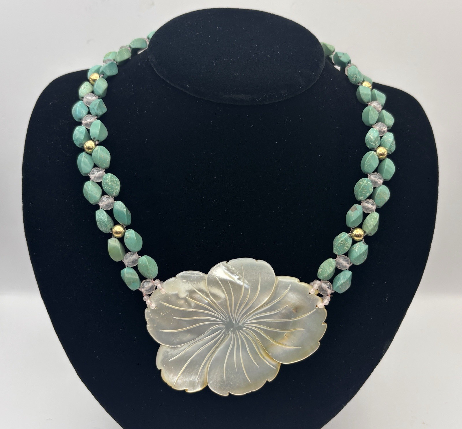 14k Gold Turquoise Bead Necklace Carved Flower Mother of Pearl Pendant Statement