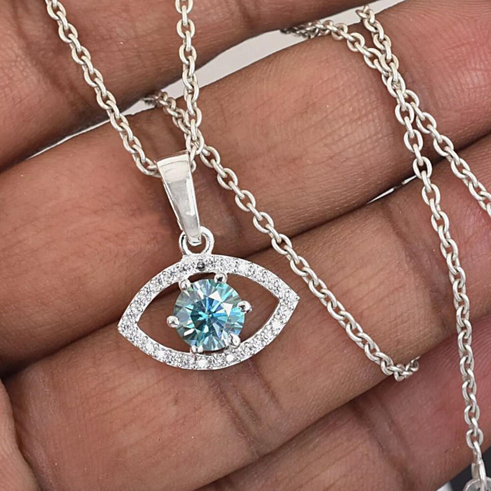 Certified 0.70 Ct Blue Moissanite Evil Eye Pendant in 925 Sterling Silver Gift