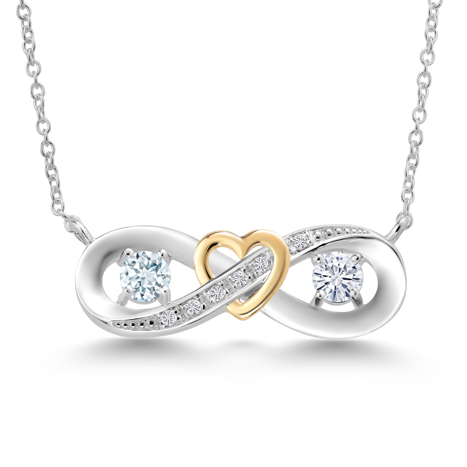 925 Silver and 10K Yellow Gold Necklace Aquamarine Moissanite Near Colorless
