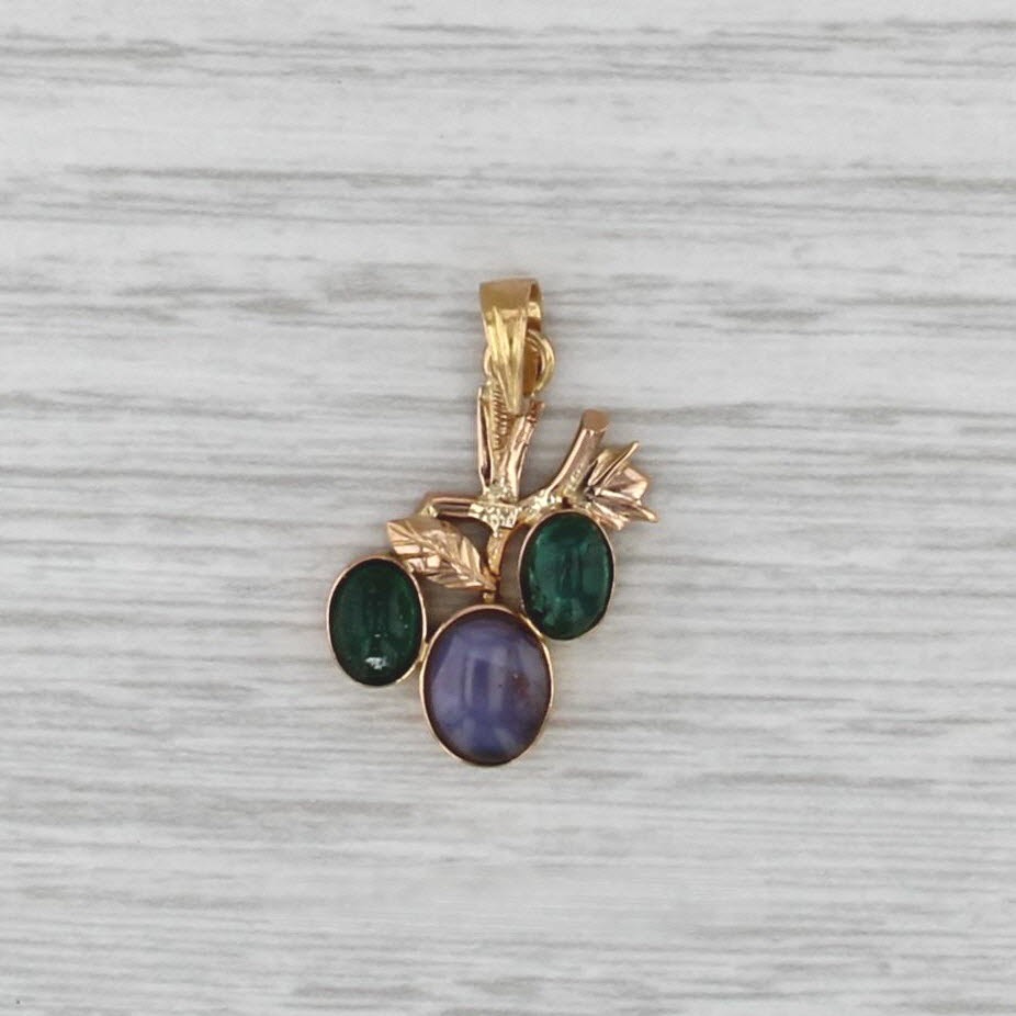 Purple Star Sapphire Emerald Cabochon Flower Pendant 22k Yellow Gold