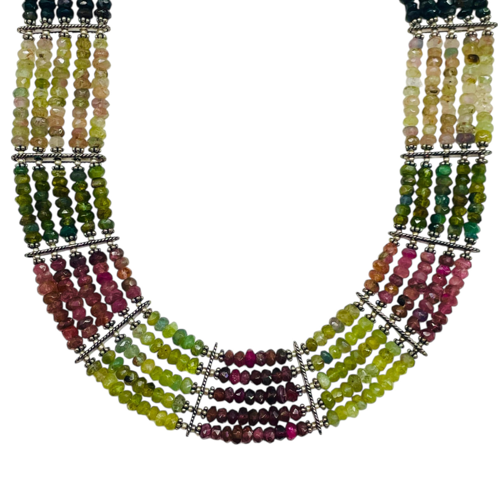 5 Strand Natural Multi Tourmaline Necklace 4-5mm Facetted Beads 925 Silver Clasp