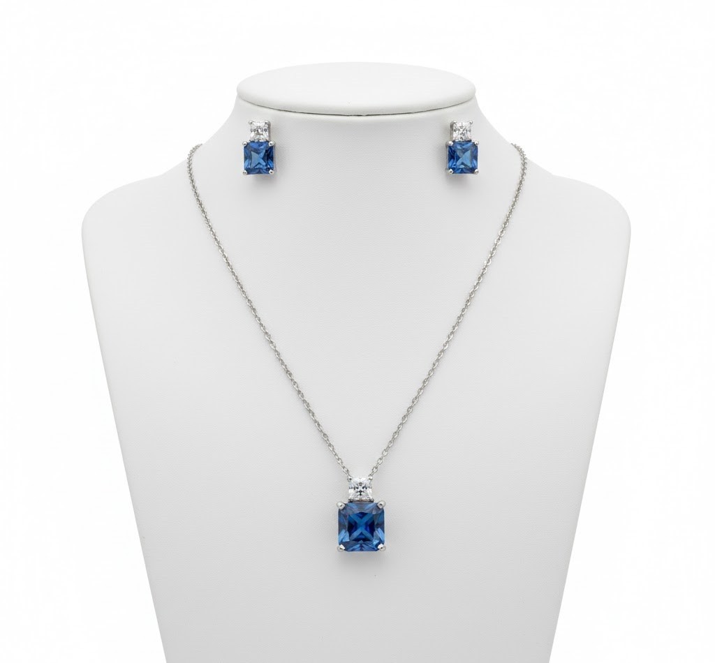 Lab Created Blue Sapphire Pendant Earring Set Everyday Wear 14k White GoldFinish