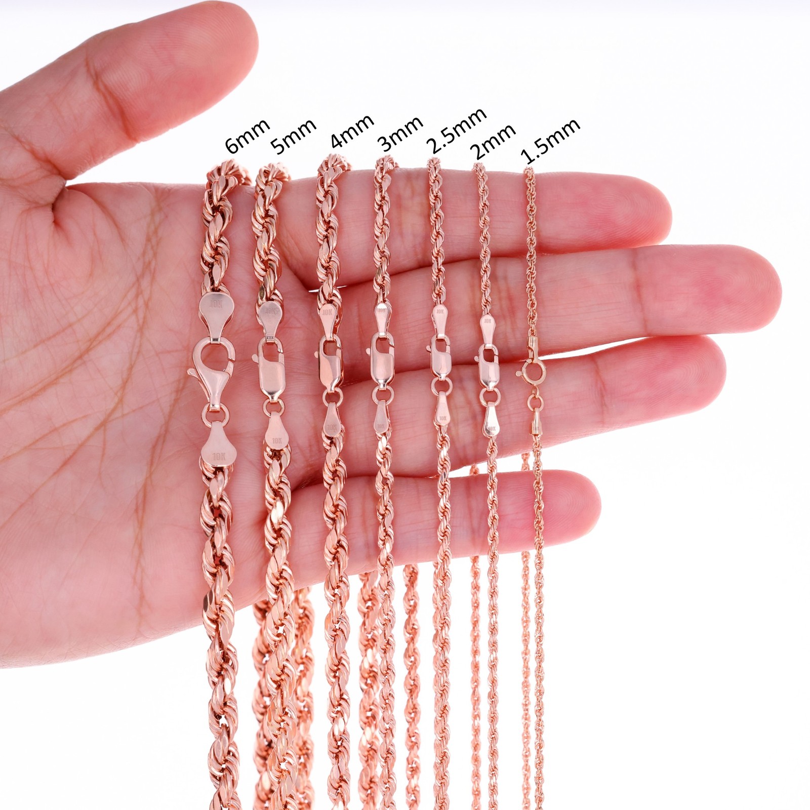 10K Rose Gold 1.5mm-6mm Diamond Cut Rope Chain Necklace Mens Womens 16″-30″