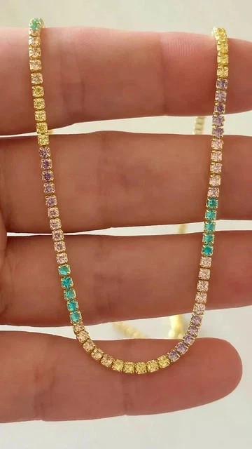 9Ct Round Lab Created Multicolor Sapphire Tennis Necklace 14K Yellow Gold Plated