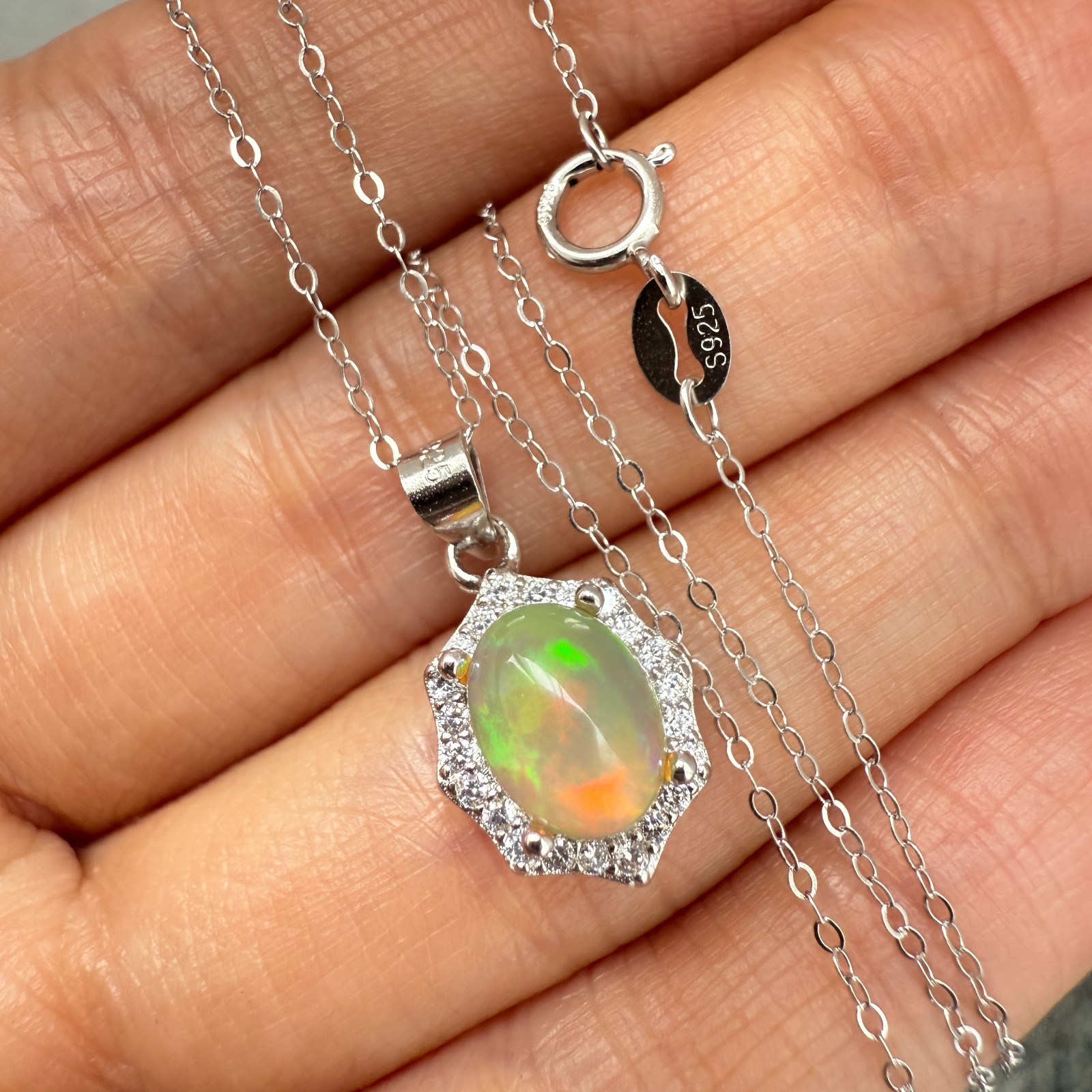 925 Sterling Silver Necklace 8x6mm Natural Opal Gemstone Zircon Flower Chain NEW