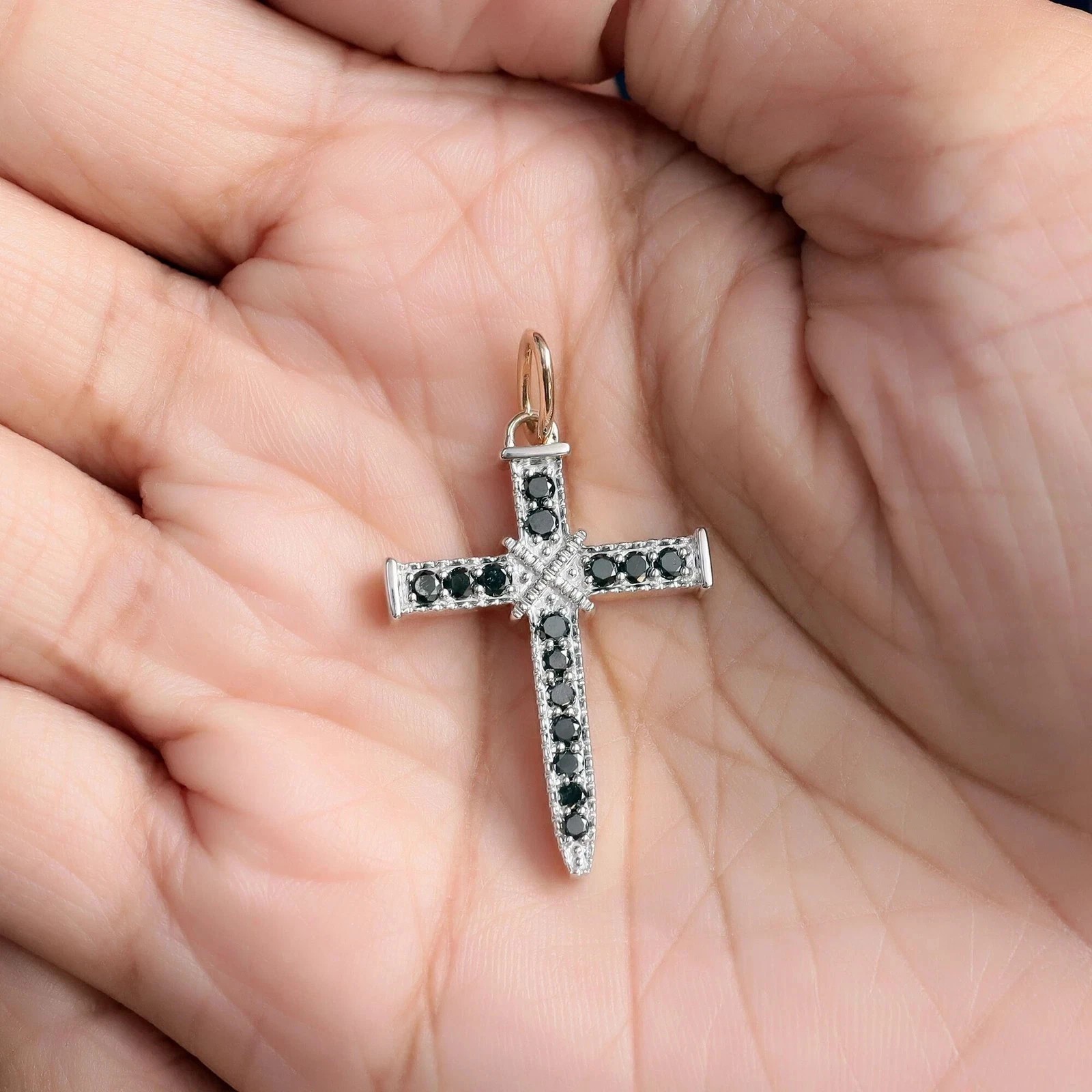 1.00Ct Created Black Onyx Women’s Cross Pendant 14K White Gold Plated Free Chain
