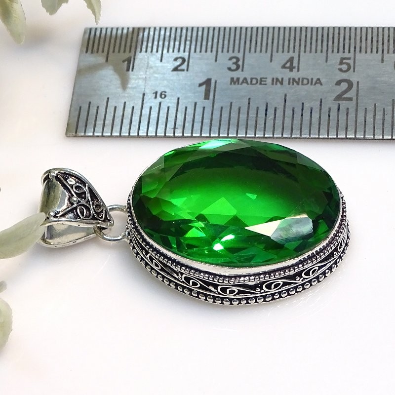 Faceted Tsavorite 925 Sterling Silver Oval Gemstone Vintage Pendant 2.2″ PG 2187