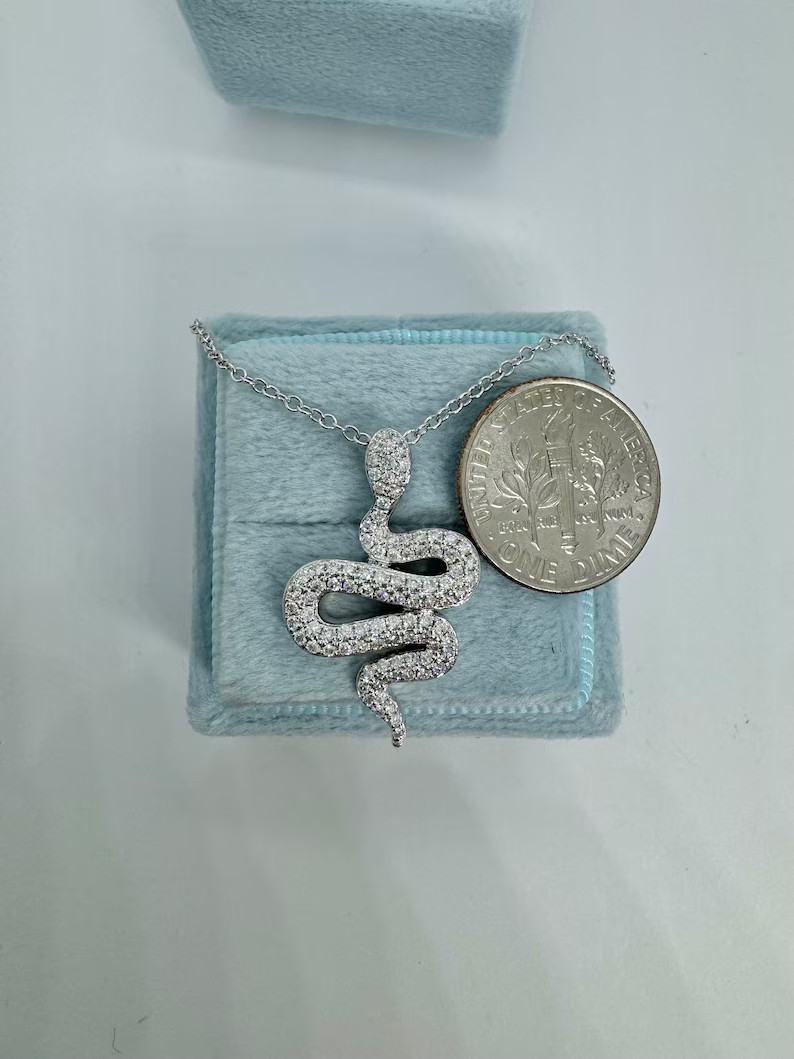 2Ct Round Cut Real Moissanite Snake Pendant 14K White Gold Plated Silver