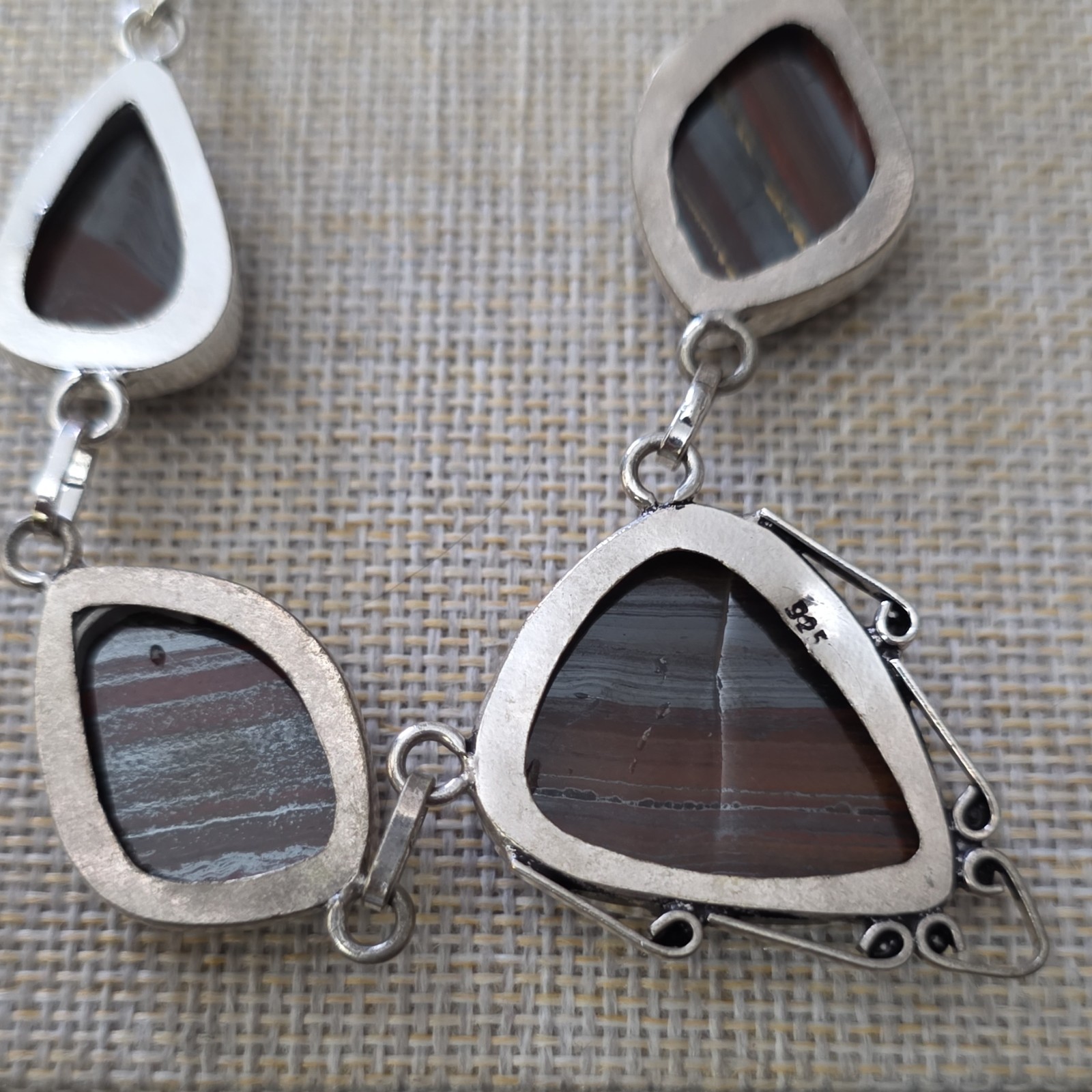 Sterling Silver 925 Necklace Multicolor Stone Bezel Link Snake Chain Hook Signed