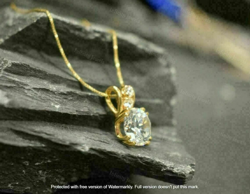 2Ct Round Cut VVS1/D Diamond Solitaire Pendant 14K Yellow Gold Finish Free Chain