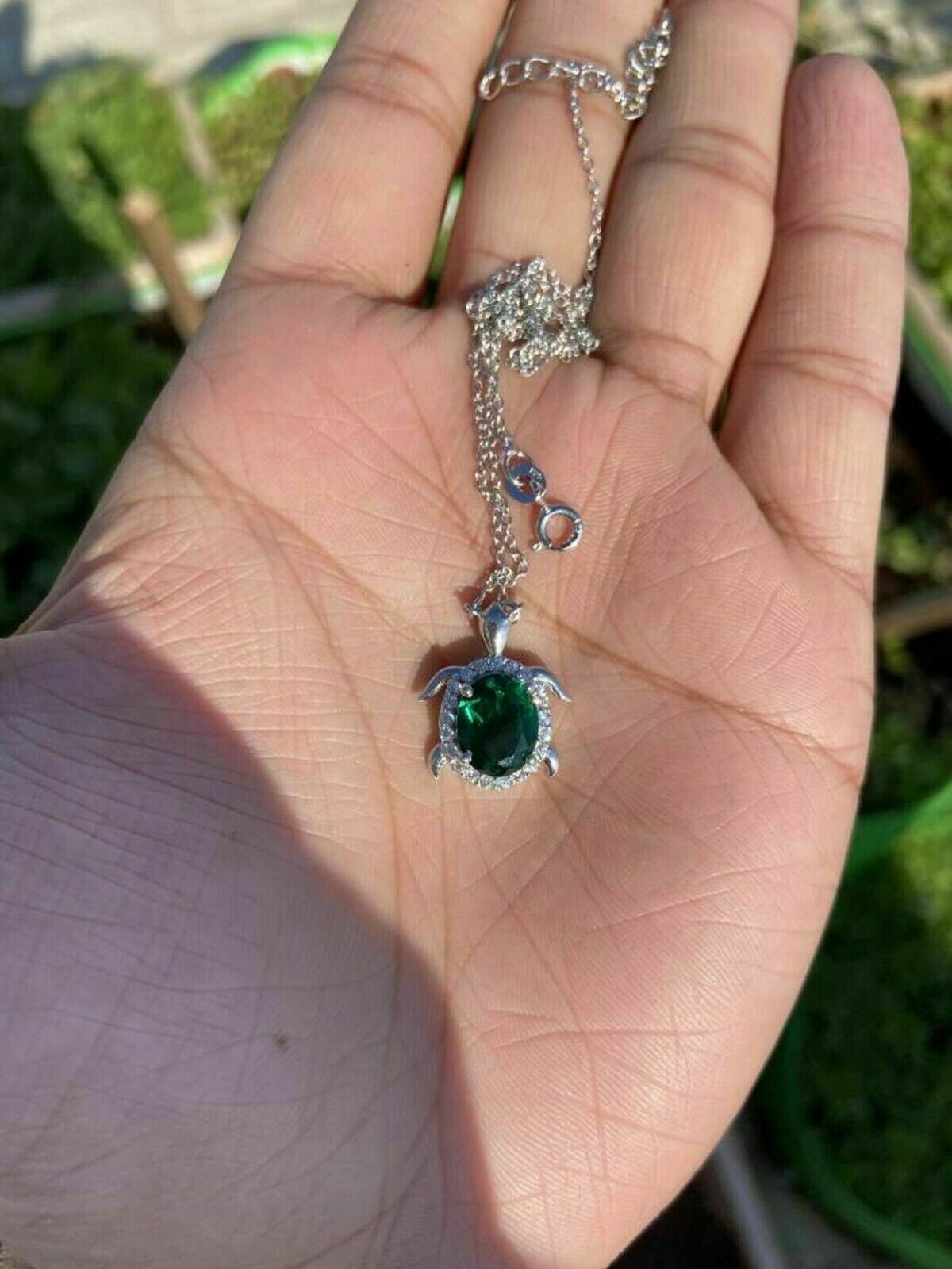 1Ct Oval Cut Lab-Created Emerald Turtle Pendant 14K White Gold Finish