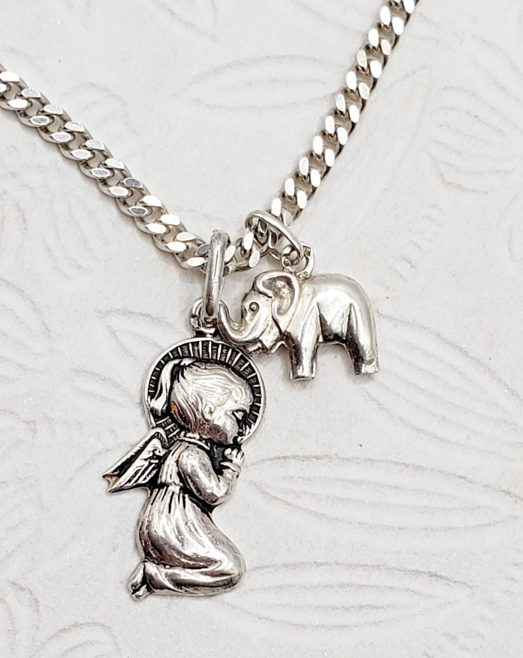 Vintage Heavy Angel & Elephant 925 Sterling Silver Pendant Necklace Fatima Theme