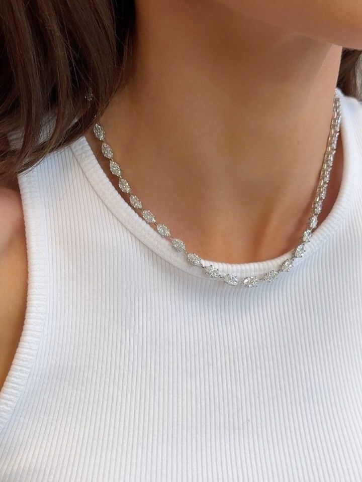 11.75 Ctw Marquise Cut VVS Real Moissanite Charm Necklace 14K White Gold Plated.