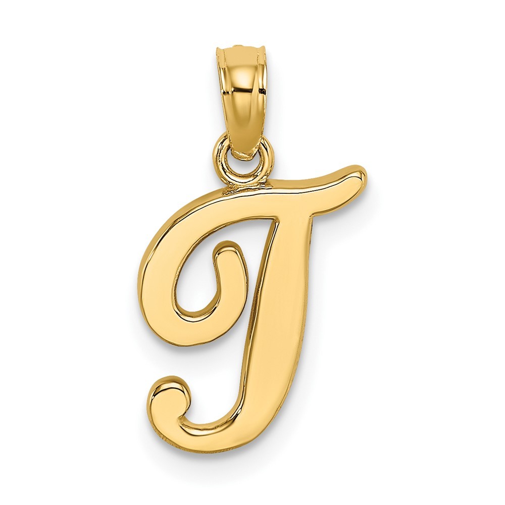 10k Yellow Gold Polished Medium Script Initial T Charm Pendant L-0.77 Inch