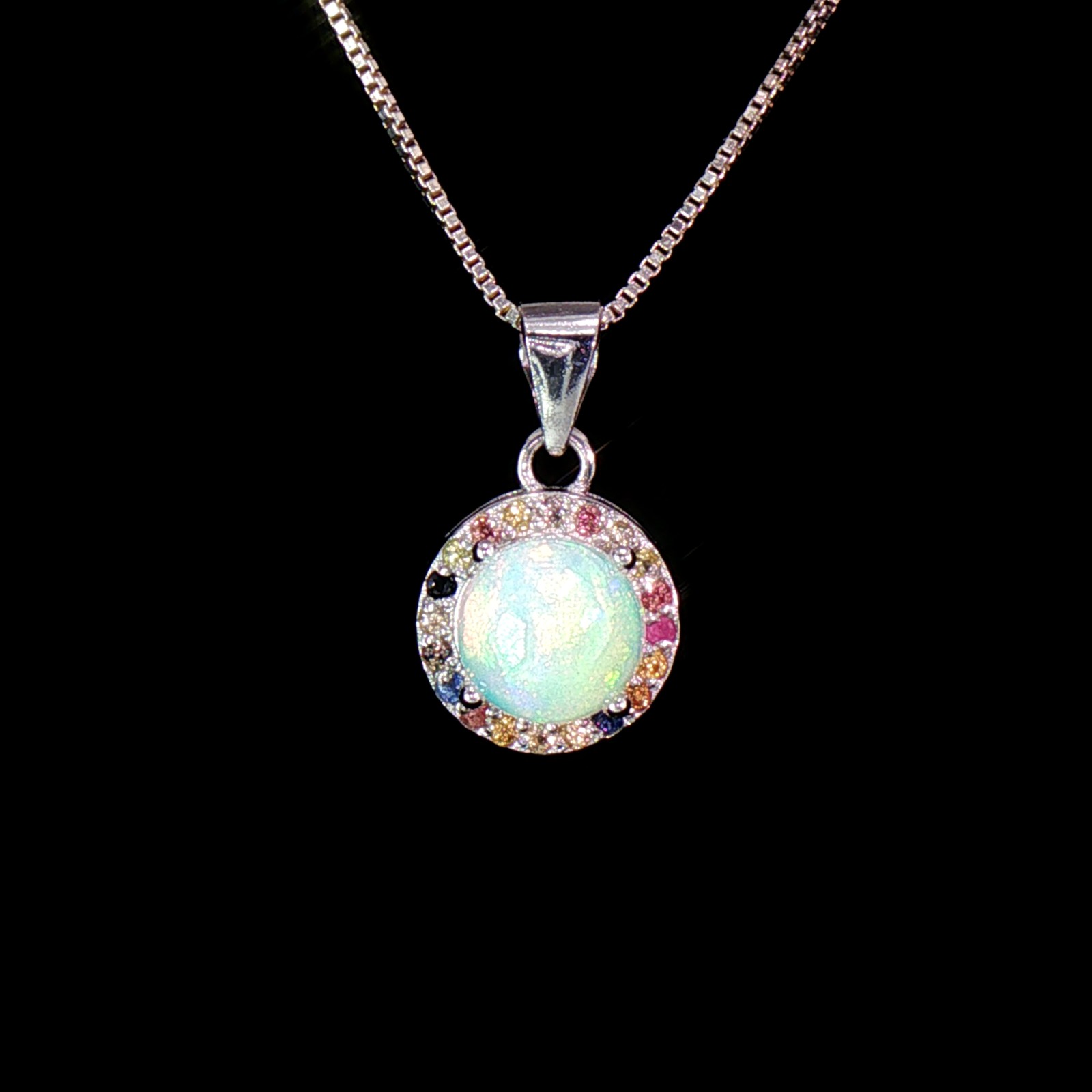 925 Sterling Silver Lab-Created Opal Pendant Round 2.73gm Rainbow Full Flash
