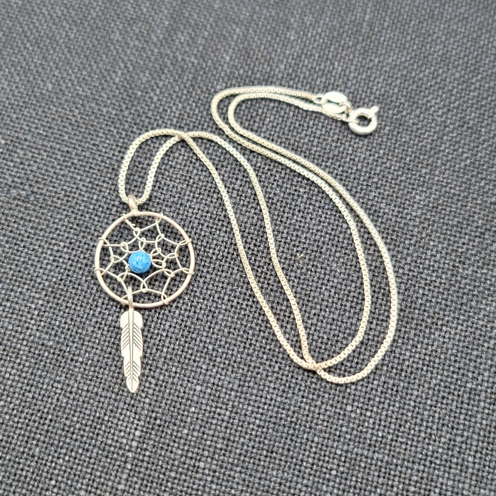 Dream Catcher Sterling Silver Necklace 925 Blue Stone Metal Feather 16″