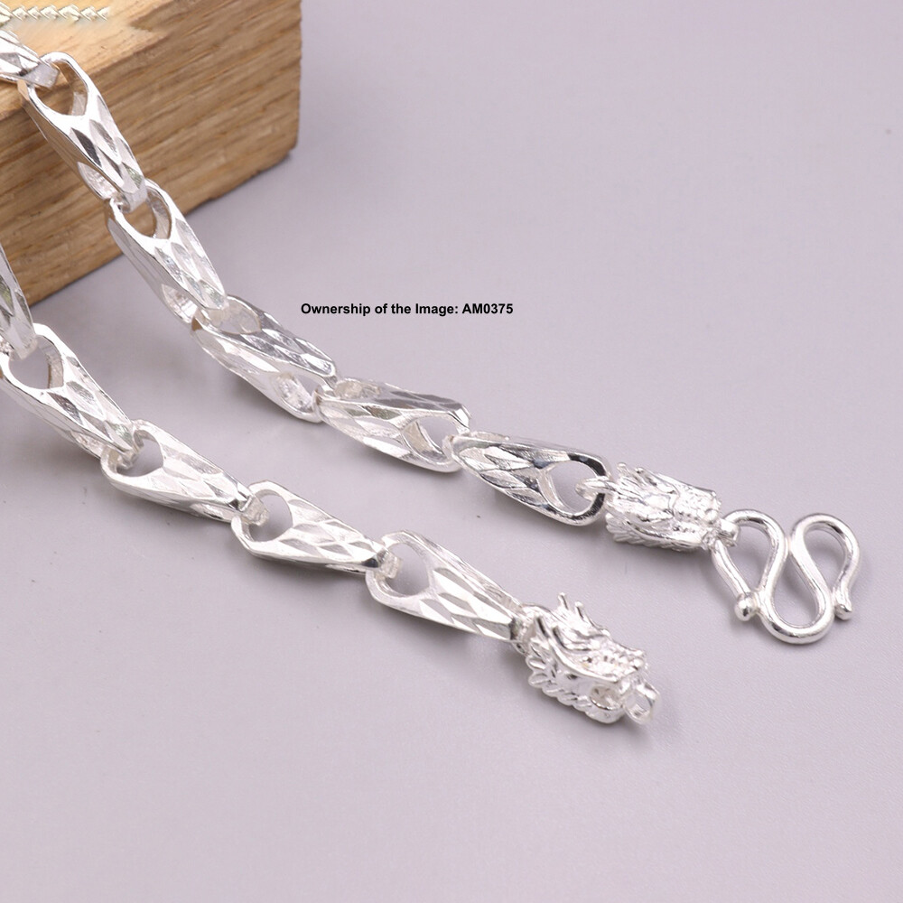 Pure 999 Fine Silver 5mm Triangle Link Chain Dragon Head Necklace 23.6inch