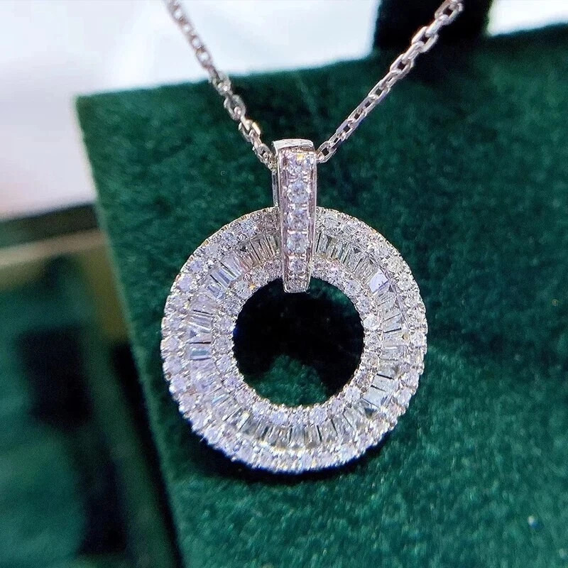 Real Moissanite 2.00 Ct Baguette Cut Circle Pendant 14K White Gold Plated Silver