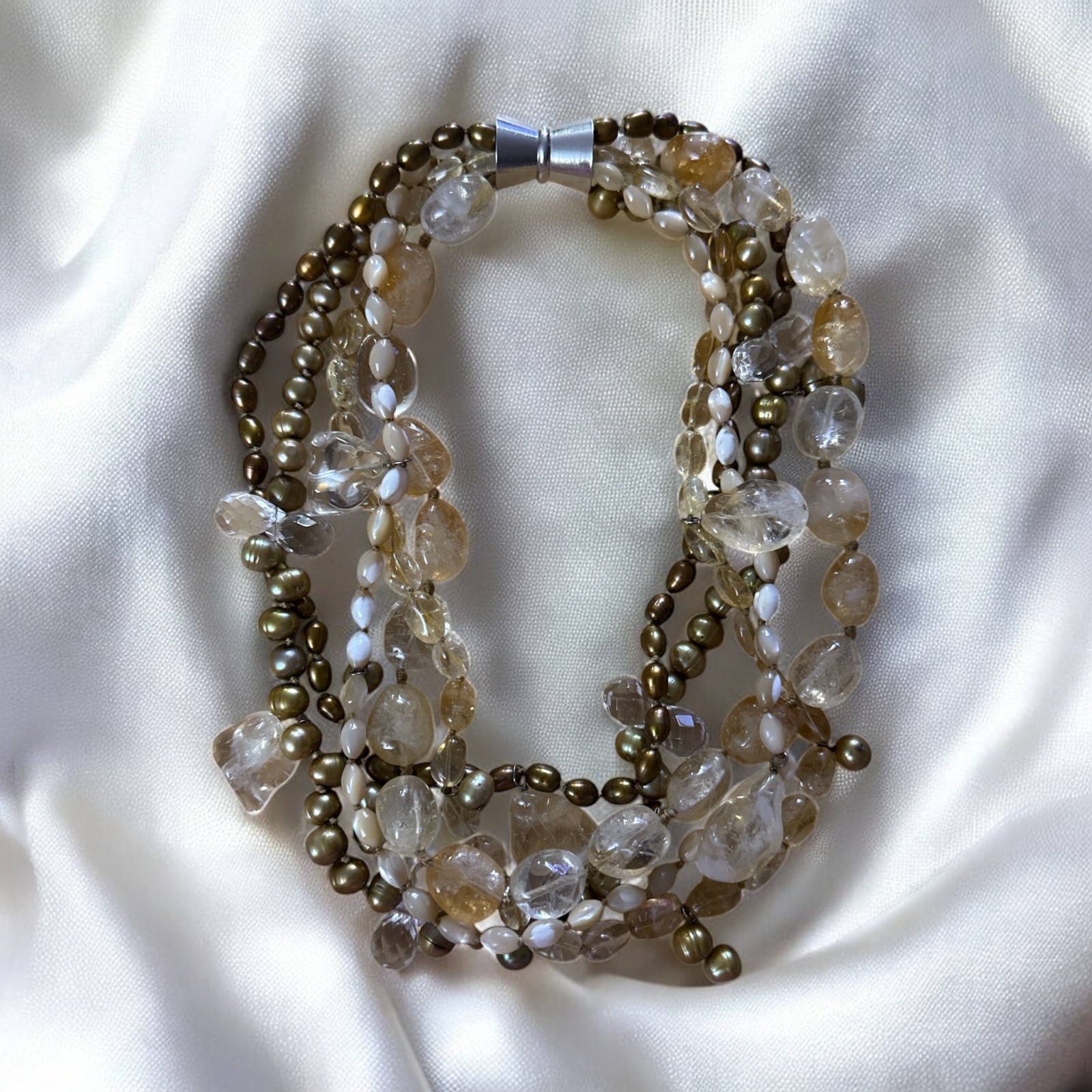 Pretty Citrine Quartz Bronze Pearl Necklace Layered Design Statement Necklace