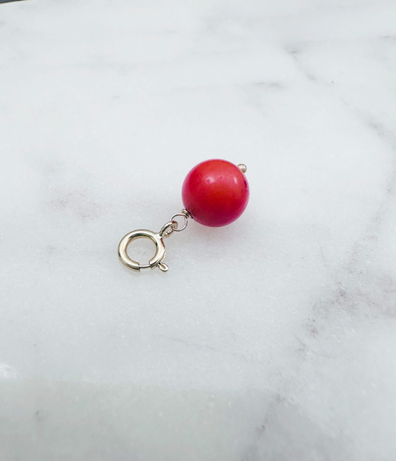 14K Solid Yellow Gold Small Round Red-Orange Coral Charm Pendant w/Spring Clasp