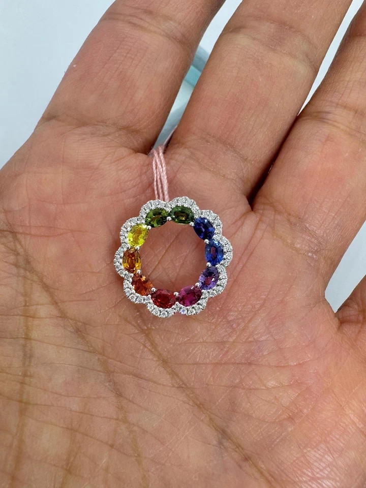 2Ct Oval Cut Lab-Created Blue Sapphire Circle Pendant 14K White Gold Plated 18″