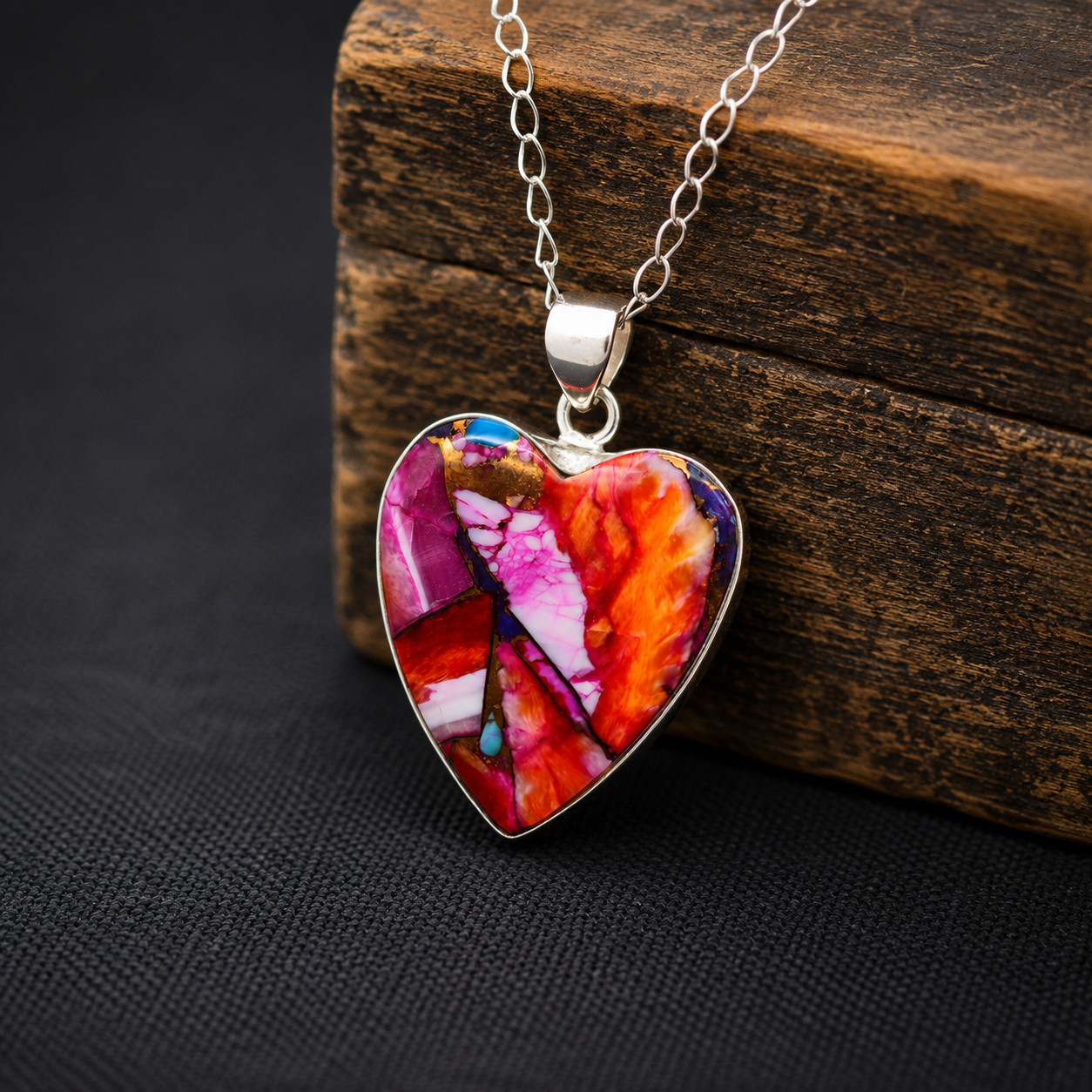 Spiny Oyster Turquoise Heart Pendant Necklace 925 Sterling Silver Free Chain