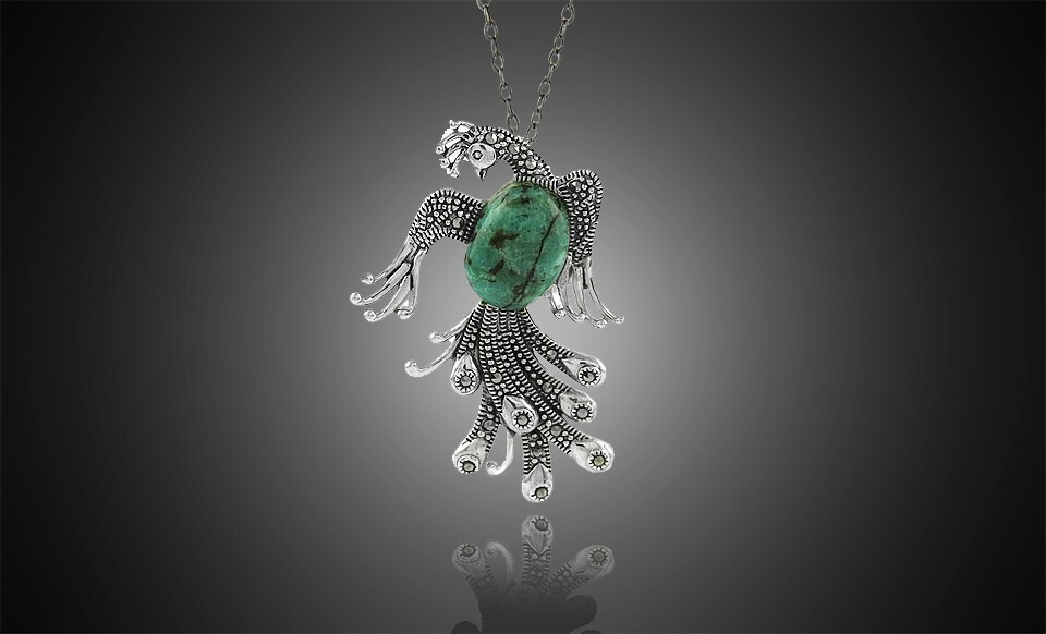 925 Sterling Silver Genuine Marcasite Turquois Peacock Pendant Necklace – 18″
