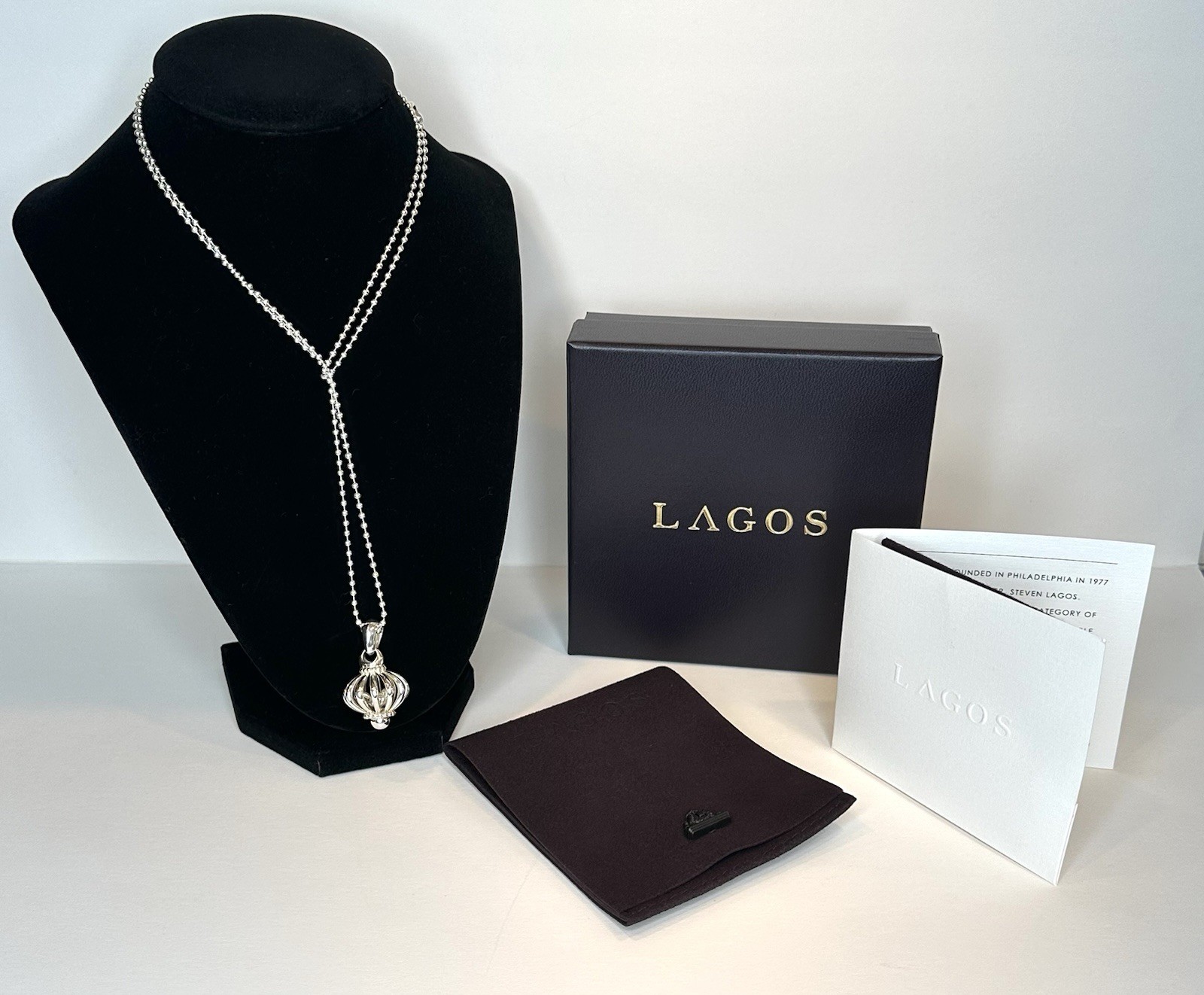 LAGOS 925 Sterling Silver Birdcage Pendant Ball 34″ Beaded Necklace w/ Gift Box