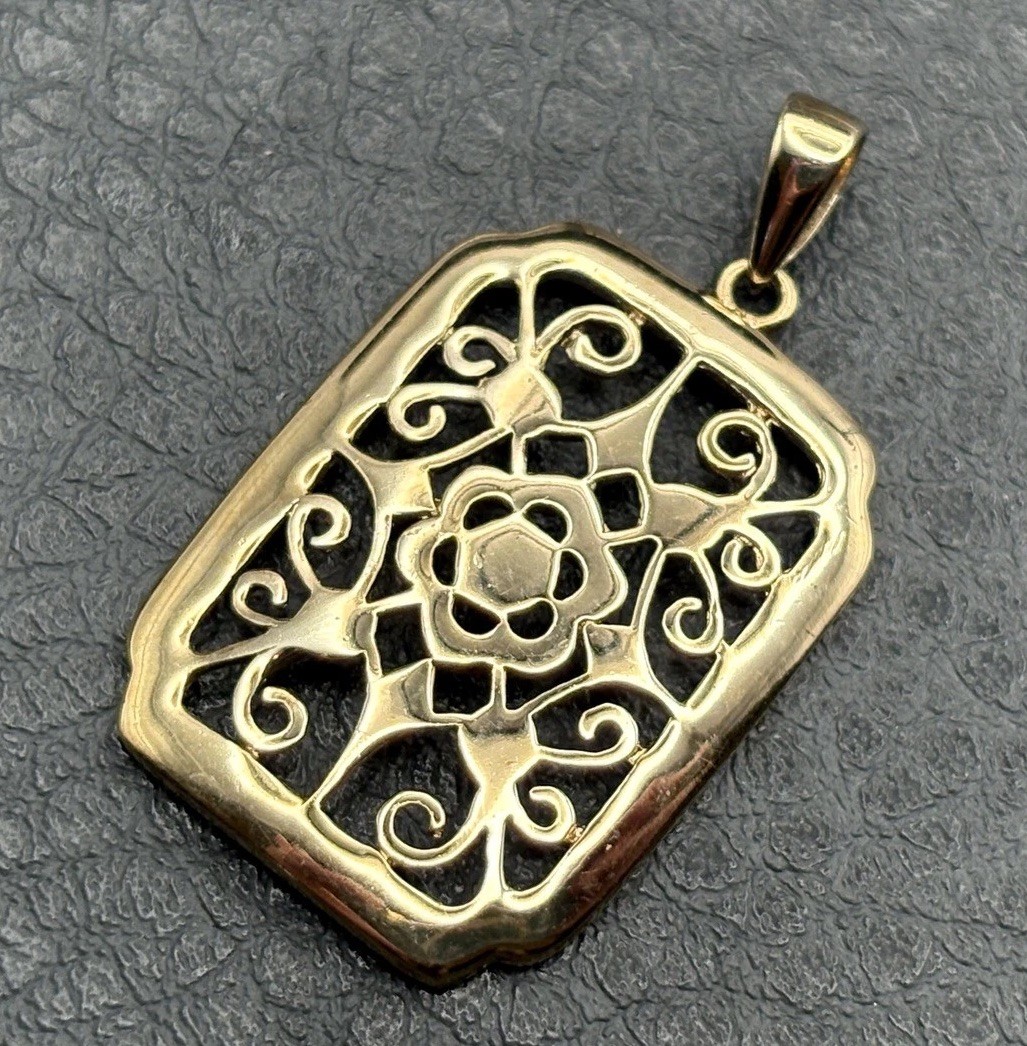 Vermeil Sterling Silver Filigree Rectangle Pendant Floral Cutout Design Openwork