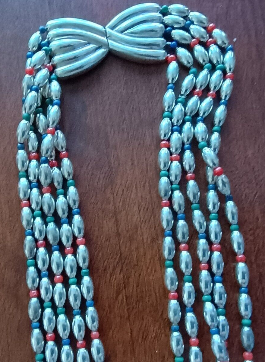 4.9 OZ. STERLING SILVER NECKLACE, WITH RED, GREEN, BLUE STONE BEADS, SIGNED NR