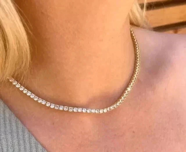 Tennis Necklace Moissanite Diamond 12CT Round Cut 14K Yellow Gold Plated Silver