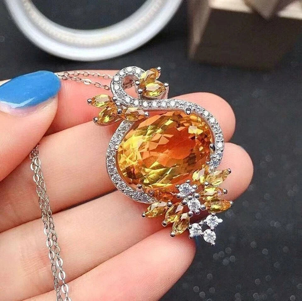 3Ct Oval Simulated Citrine Designer Pendent 14K White Gold Finish