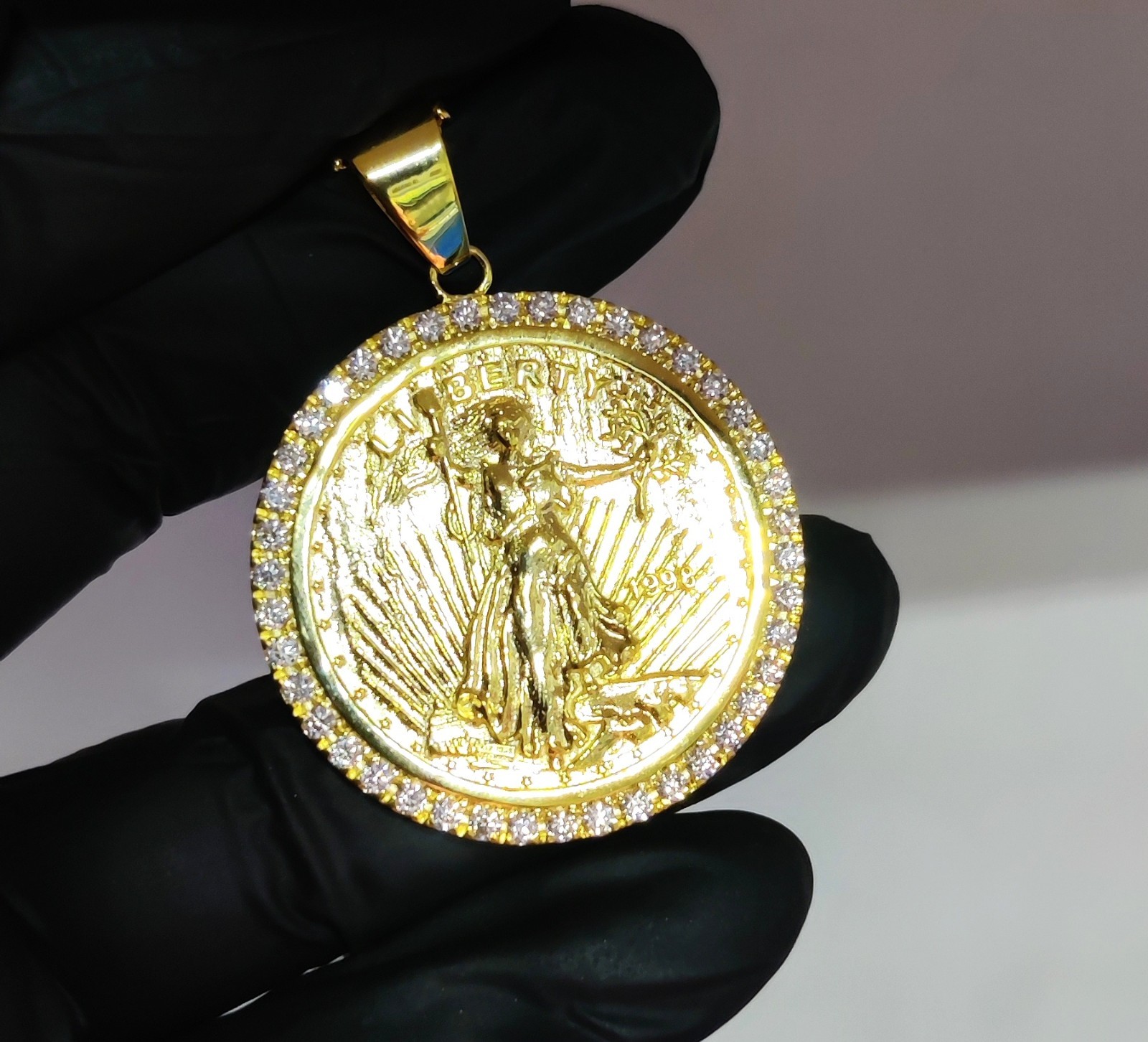1.20Ct Round Cut Lab Created Diamond Liberty Coin Pendant 14K Yellow Gold Plated